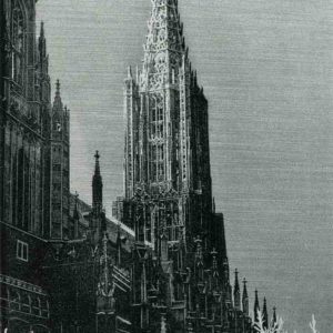 Das Bild zeigt eine historische Seitenaufnahme des Ulmer Münsters. Das Ulmer Münster ist eine im gotischen Baustil errichtete Kirche in Ulm. Es ist die größte evangelische Kirche Deutschlands. Der 1890 vollendete 161,53 Meter hohe Turm ist der höchste Kirchturm der Welt. Das Bild ist in den Farben Schwarz-Weiss.